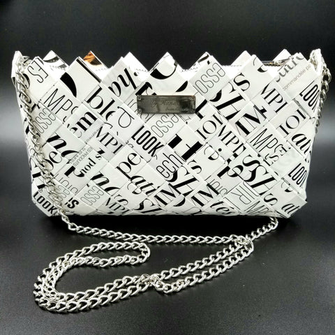 "IRIS" Purse with Silver Chain Black&White Writing - By Hands from Claudia